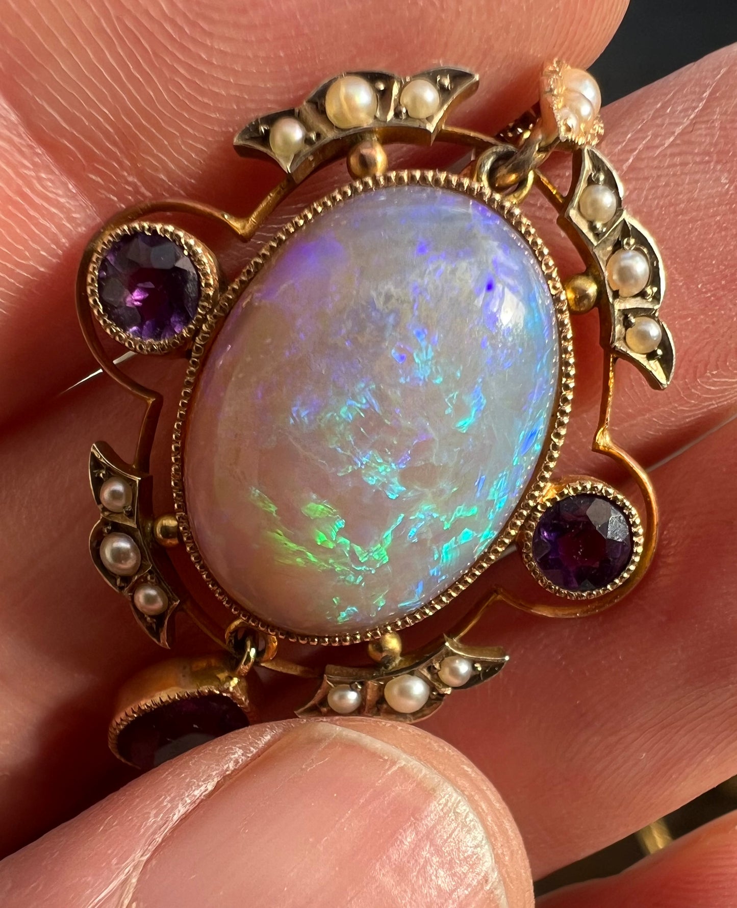 Striking Antique Large Opal Amethyst & Seed Pearl Pendant & Chain