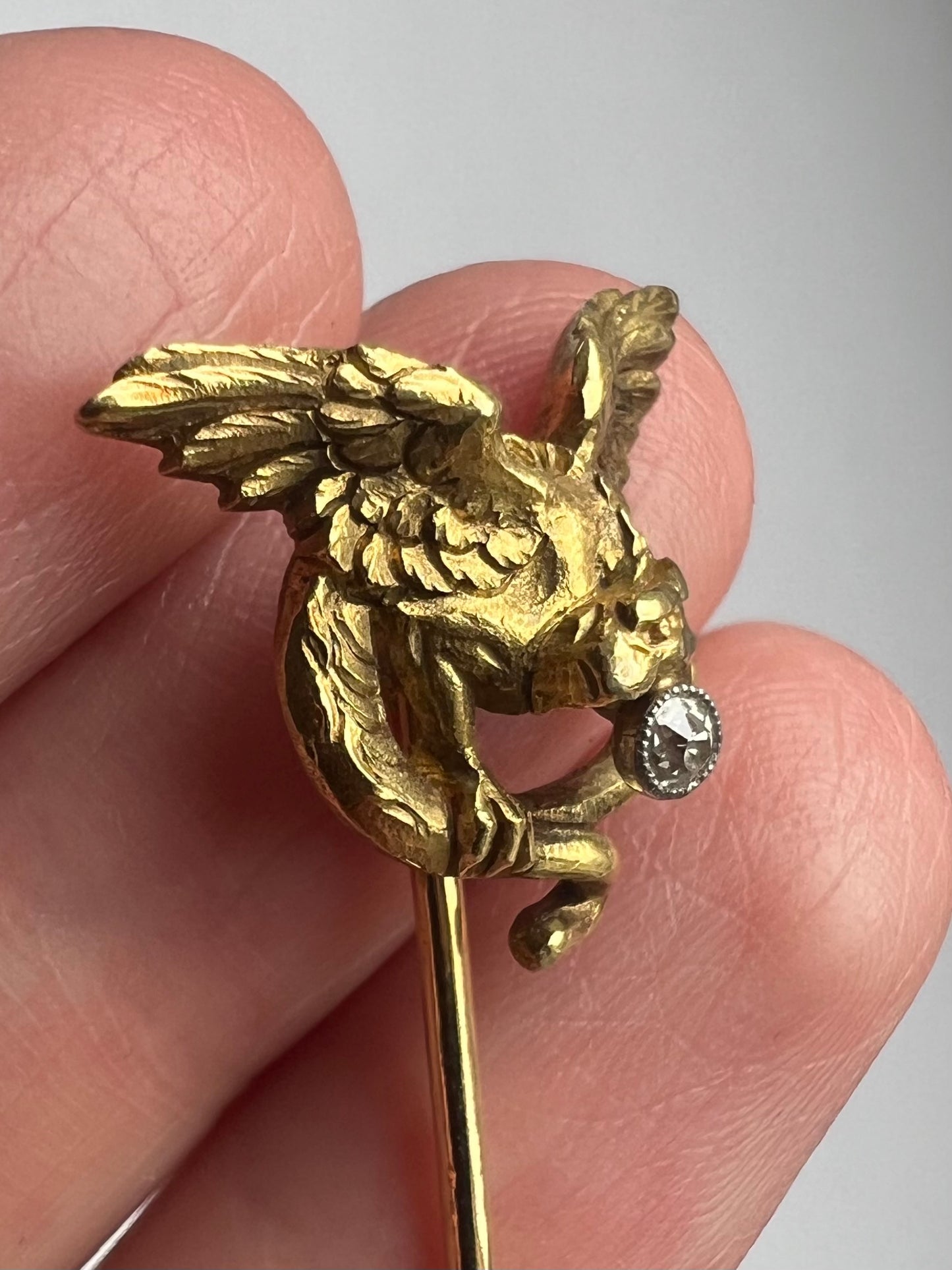 French Art Nouveau Gold Diamond Chimera Dragon Stick Pin 18ct Gold
