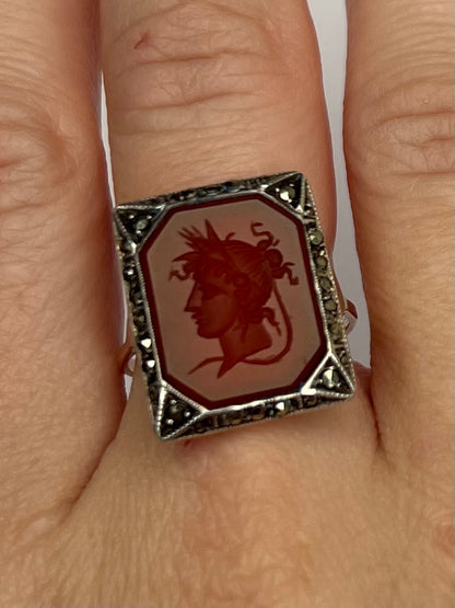 Carnelian Intaglio Hardstone Seal Ring in Gold Silver Marcasite