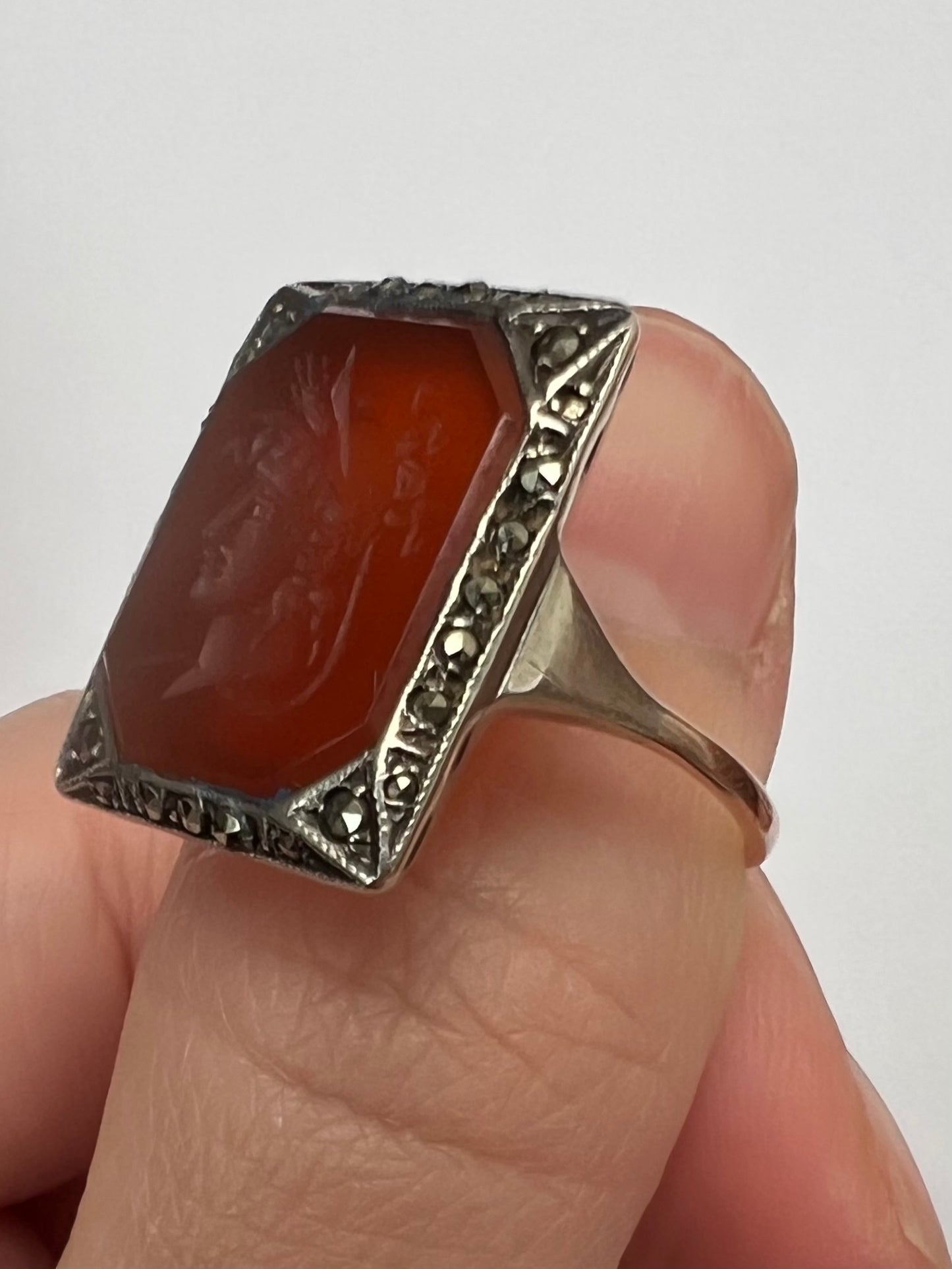 Carnelian Intaglio Hardstone Seal Ring in Gold Silver Marcasite