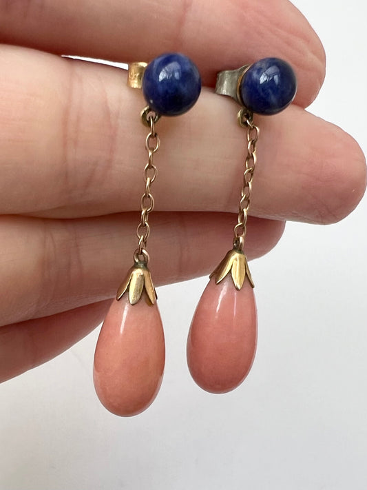 Very Elegant Angel Skin Pink Coral Lapis Lazuli Gold Drop Earrings