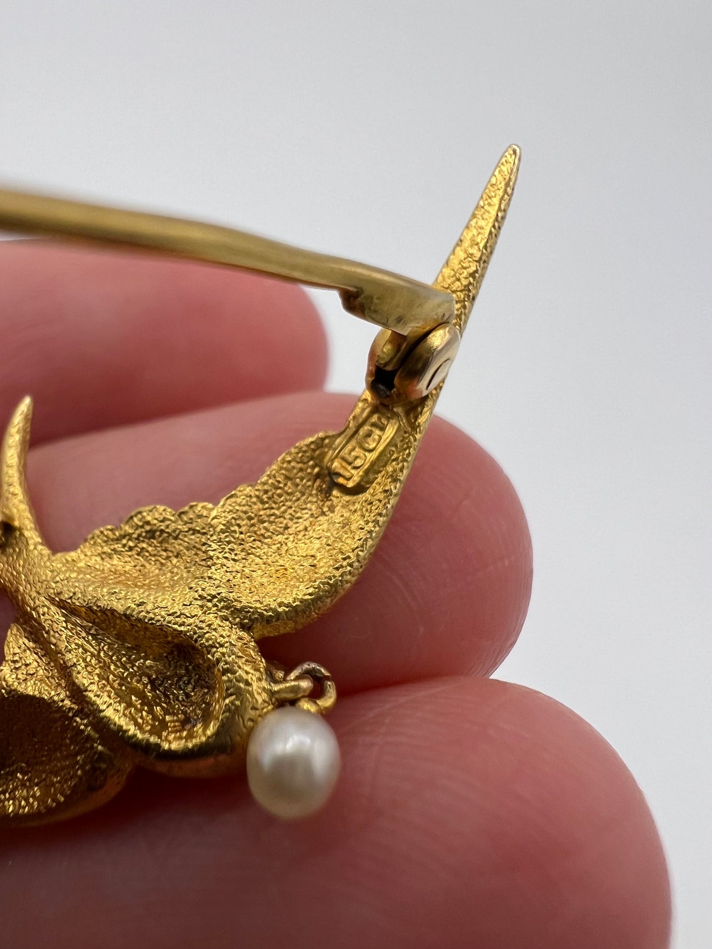 RESERVED 15ct Gold Swallow With Pearl Brooch