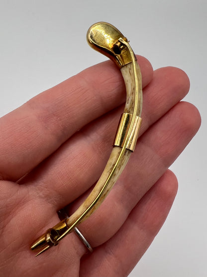 Victorian Tiger Clavicle Bone Gold Mounted Brooch