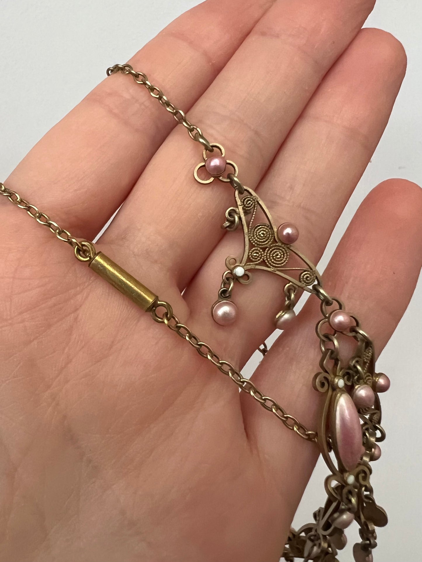 Pink Enamel Silver Gilt Norwegian Necklace Attributed to Marius Hammer