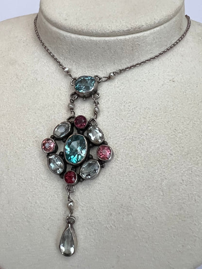 Pink Tourmaline Blue Zircon Rock Crystal Arts & Crafts Silver Pendant. Reserved, please enquire