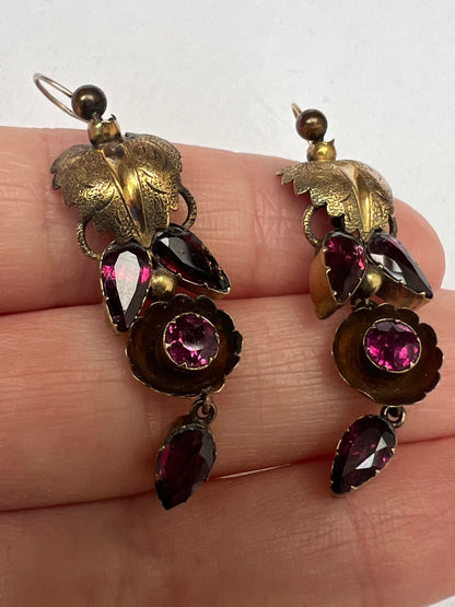 Gold Early 19th Century Pink Almandine Garnet Leaf Earrings