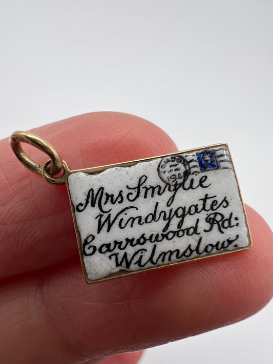 Mrs Smylie Enamel Gold Postcard Charm Pendant Wilmslow and philately Interest