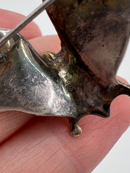 Art Nouveau Style Silver Flying Bat Brooch