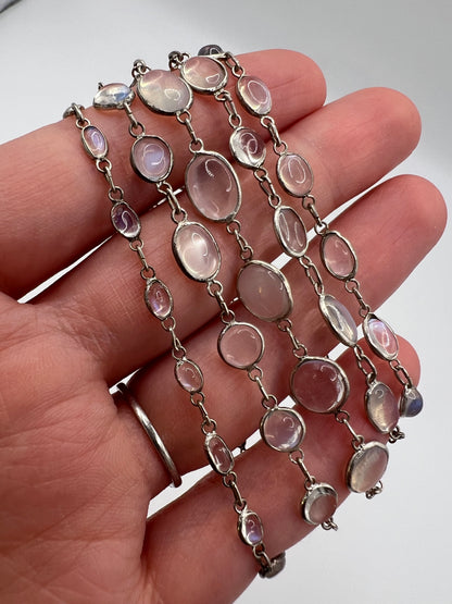 Dainty Hand Made Edwardian Graduated Moonstone Silver Chain Necklace