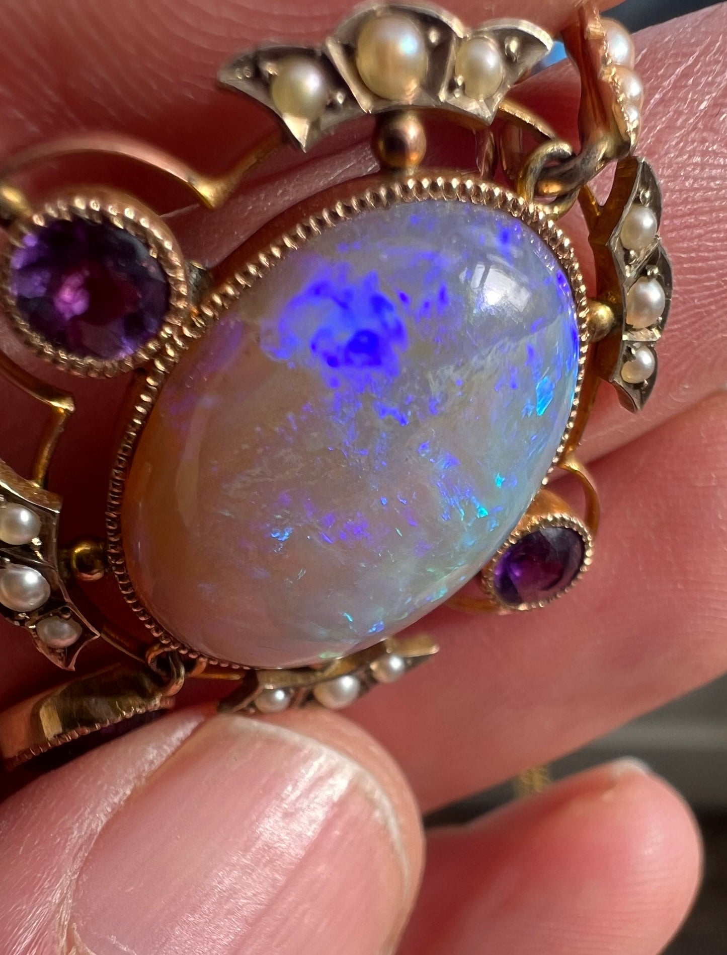 Striking Antique Large Opal Amethyst & Seed Pearl Pendant & Chain