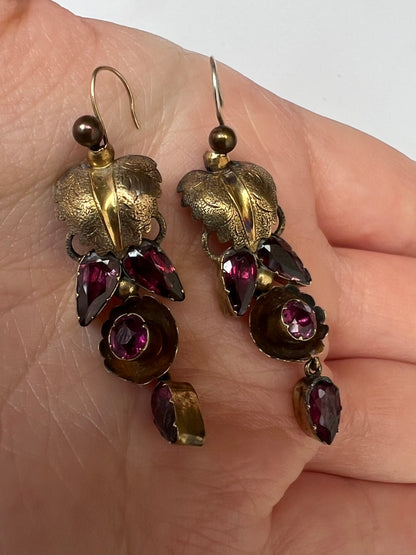 Gold Early 19th Century Pink Almandine Garnet Leaf Earrings