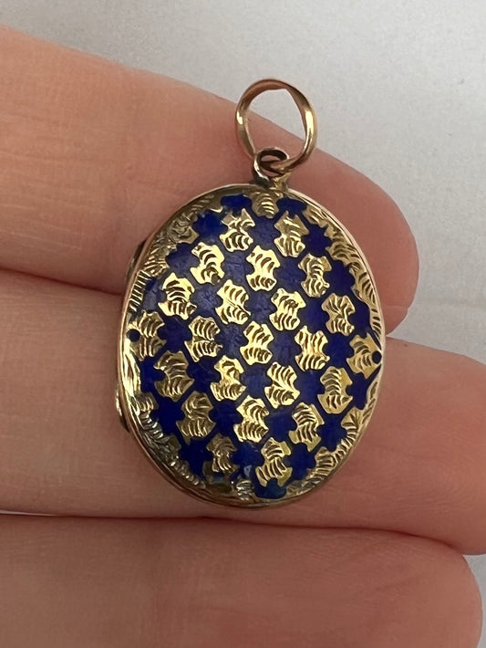 Cute Enamelled Gold Blue Oval Locket