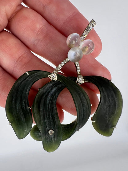 Nephrite Jade, Moonstone, Diamond White Gold Christmas Mistletoe Brooch / Pendant