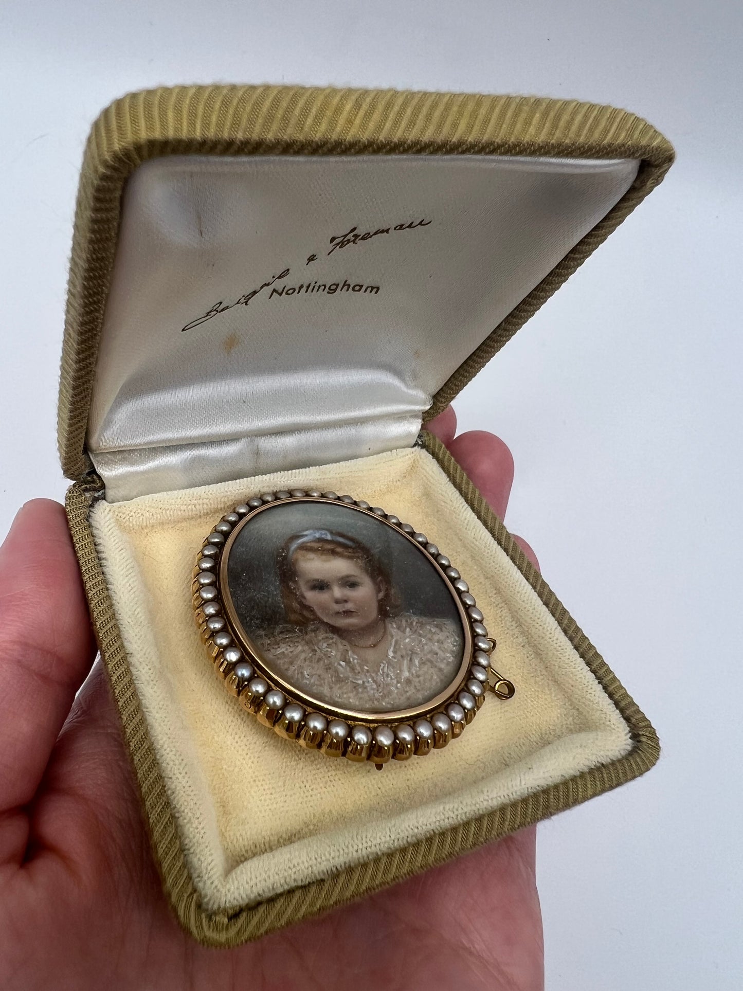 Oval Portrait Miniature Brooch Of Pretty Girl in Gold And Pearl Frame