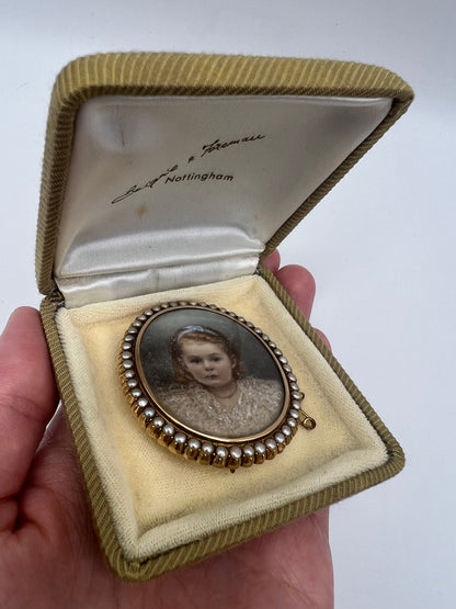 Oval Portrait Miniature Brooch Of Pretty Girl in Gold And Pearl Frame