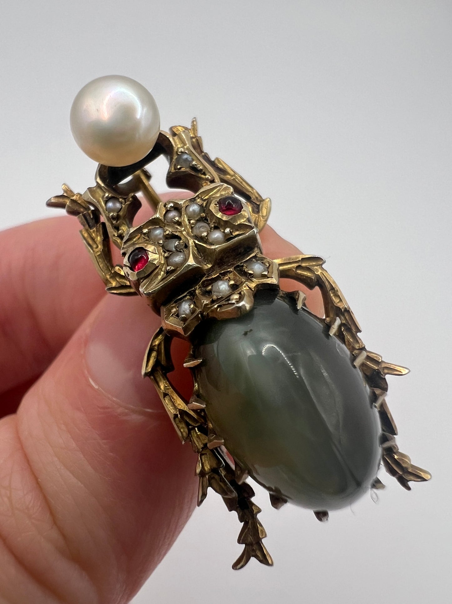 RESERVED Please enquire - Egyptian Revival Scarab Beetle Pushing Pearl Brooch