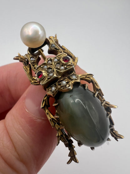 RESERVED Please enquire - Egyptian Revival Scarab Beetle Pushing Pearl Brooch