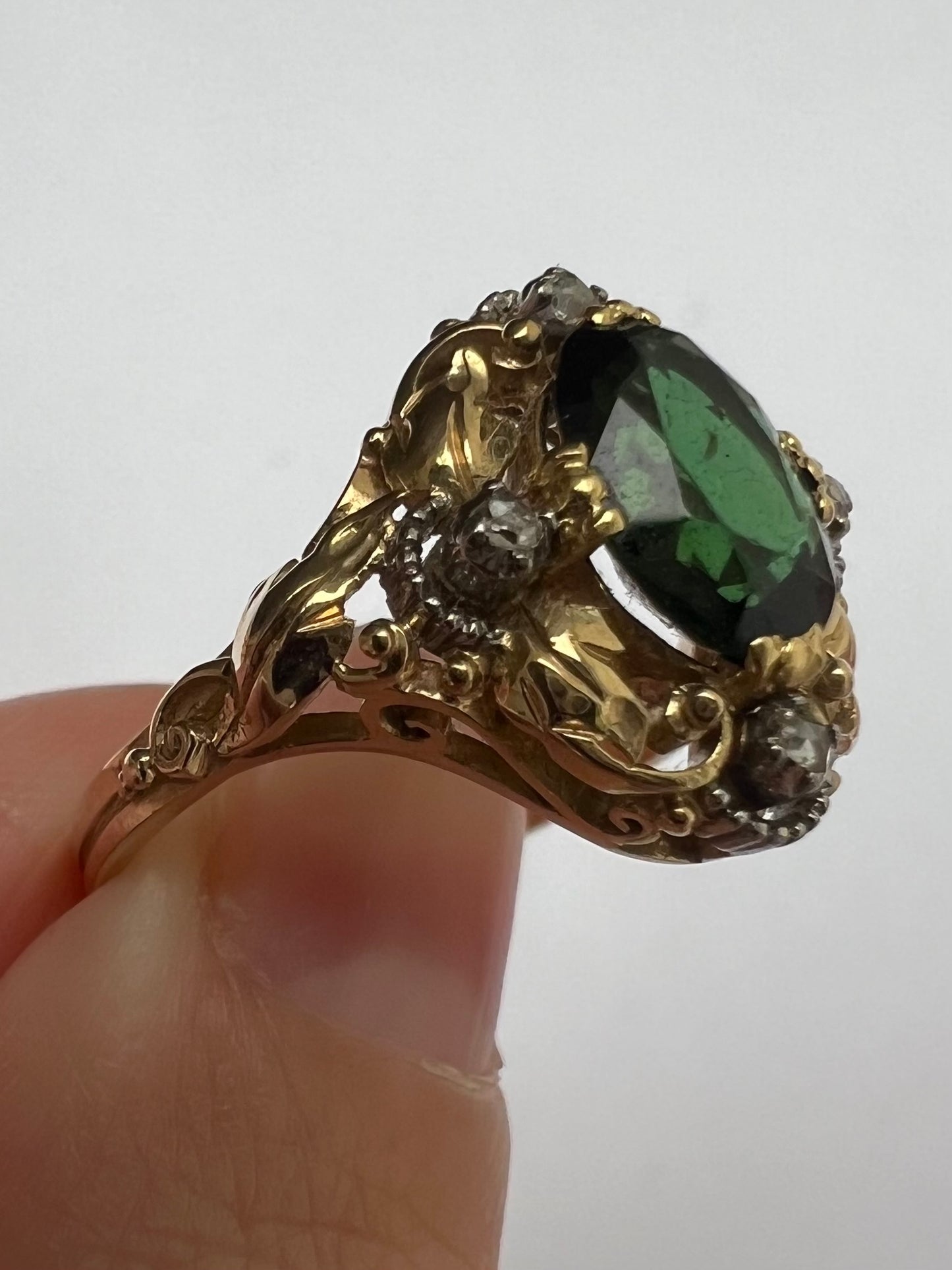 Unusual Arts and Crafts Green Tourmaline Diamond Gold Ring Perhaps American