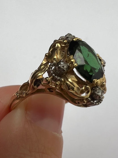 Unusual Arts and Crafts Green Tourmaline Diamond Gold Ring Perhaps American