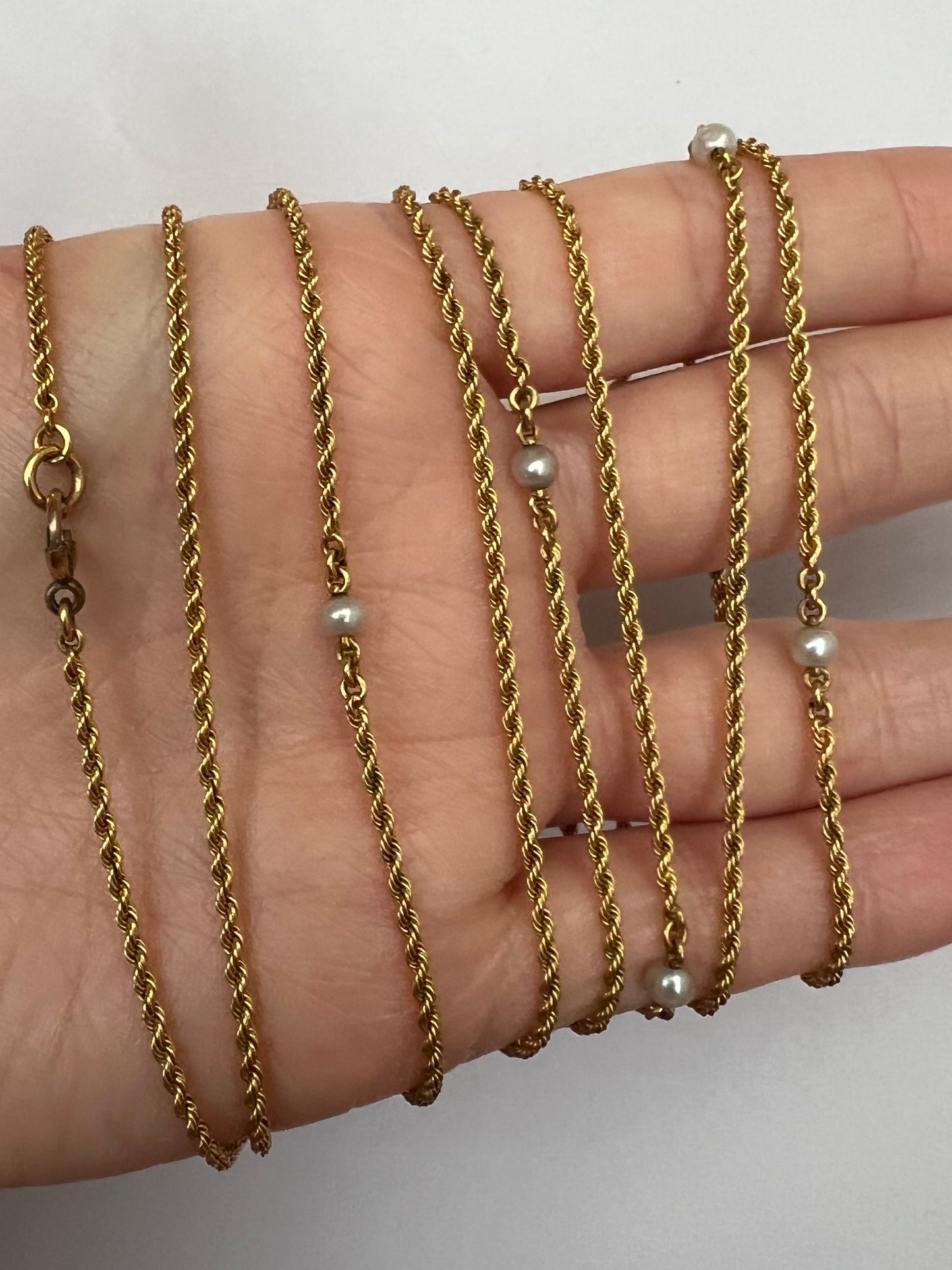 Very Long 54.7" 15ct Gold Muff Chain With Pearls