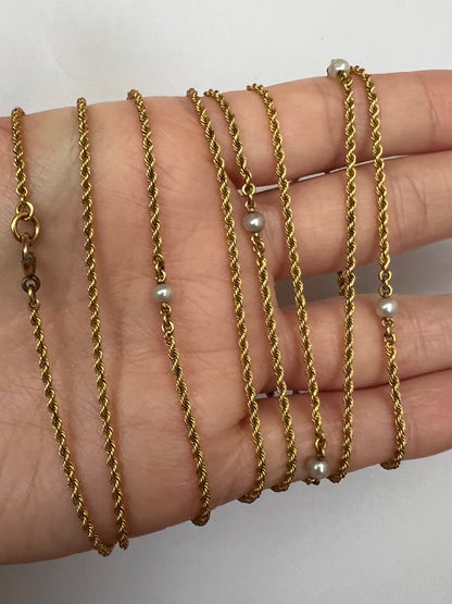 Very Long 54.7" 15ct Gold Muff Chain With Pearls