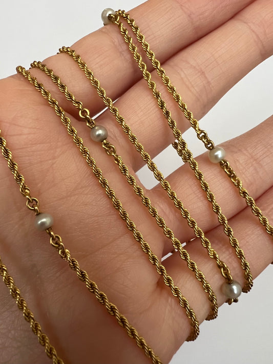 Very Long 54.7" 15ct Gold Muff Chain With Pearls
