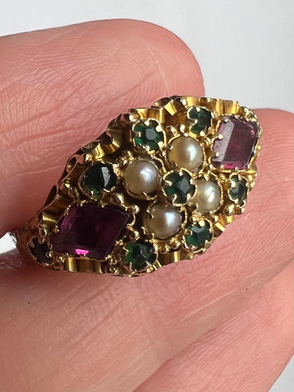 Antique 15ct Gold Pink Green Garnet Pearl Engraved Ring