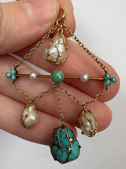 18ct Gold Arts & Crafts Pearl Turquoise Pendant Possibly Liberty