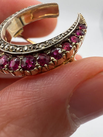 Antique Gold Diamond Ruby Crescent Brooch Pin in Original Box
