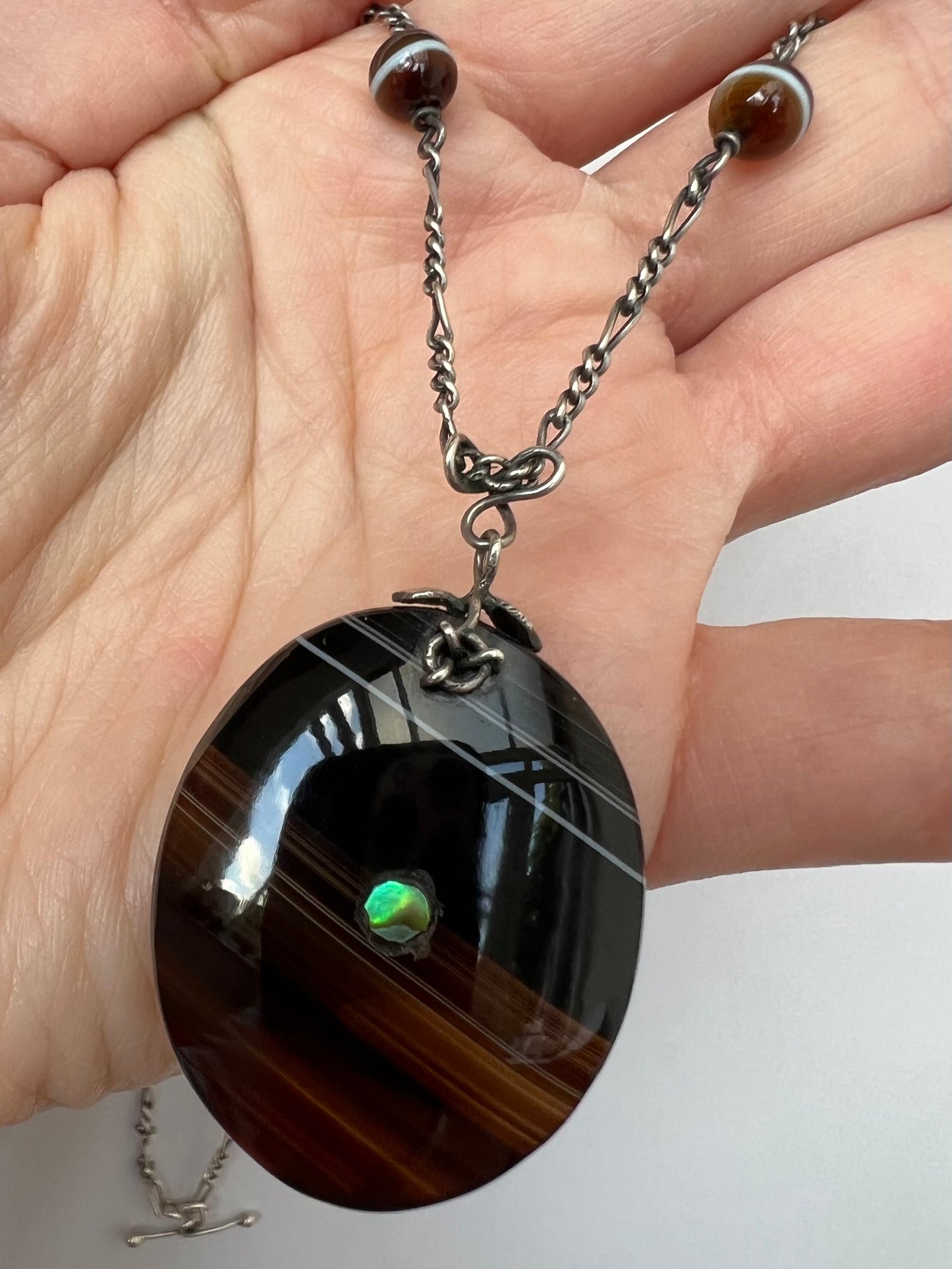 Arts & Crafts Banded Agate Silver Pendant Necklace