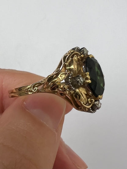 Unusual Arts and Crafts Green Tourmaline Diamond Gold Ring Perhaps American