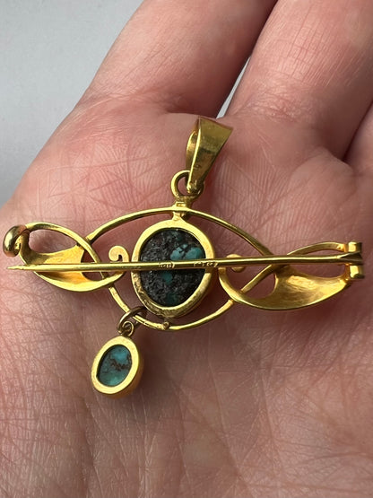 Murrle Bennett Gold Arts & Crafts Turquoise Brooch Pendant in 15ct Gold