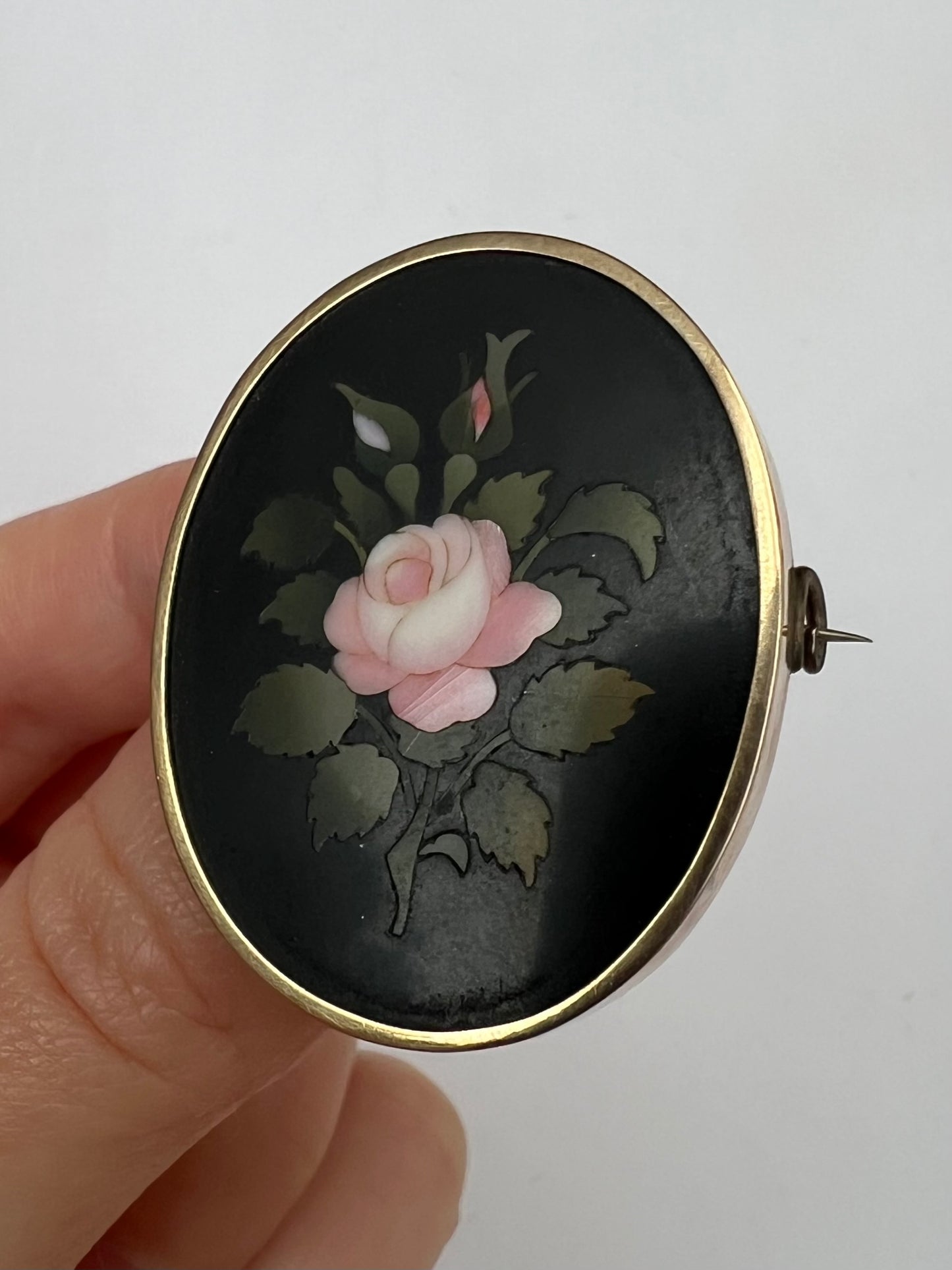 Pietra Dura Rose Oval Gold Flower Brooch