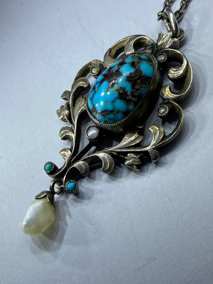 Turquoise Silver Pearl Arts & Crafts Pendant And Chain
