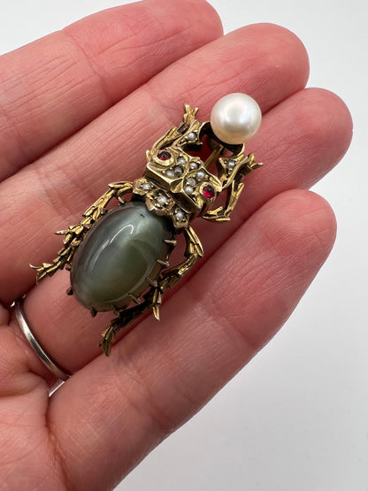 RESERVED Please enquire - Egyptian Revival Scarab Beetle Pushing Pearl Brooch