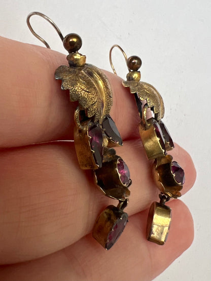 Gold Early 19th Century Pink Almandine Garnet Leaf Earrings