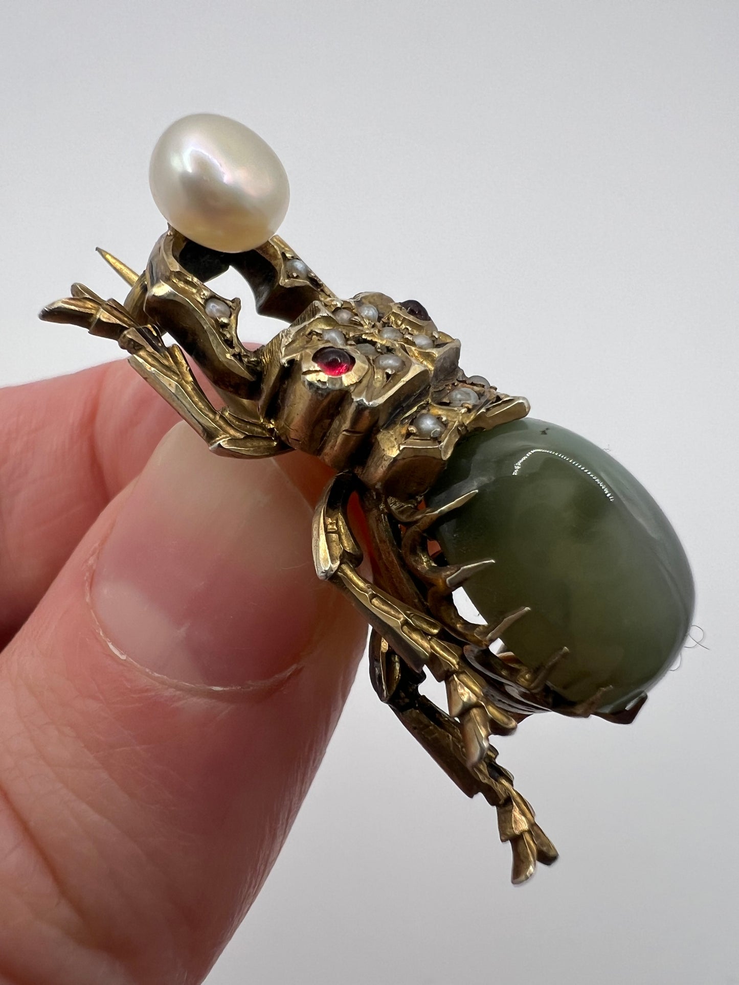 RESERVED Please enquire - Egyptian Revival Scarab Beetle Pushing Pearl Brooch