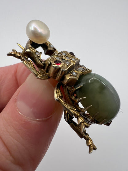 RESERVED Please enquire - Egyptian Revival Scarab Beetle Pushing Pearl Brooch