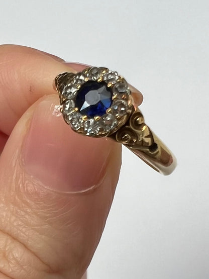 1888 Cute Sapphire Old Cut Diamond Halo 18ct Gold Ring