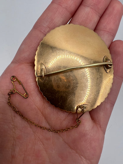 Oval Portrait Miniature Brooch Of Pretty Girl in Gold And Pearl Frame