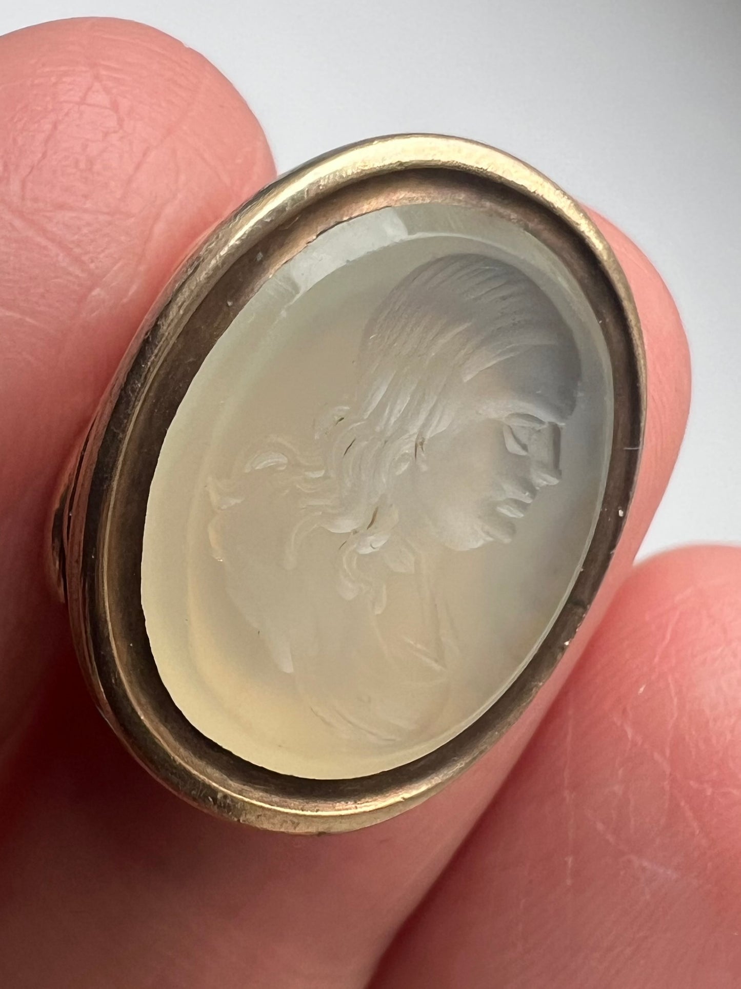 Georgian Gold Intaglio Chalcedony Carved Face Hardstone Fob Seal