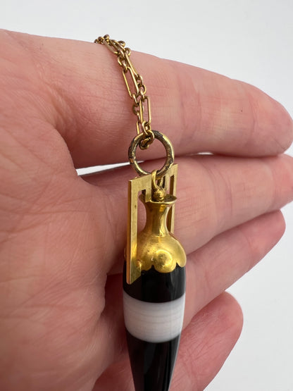 Etruscan Revival Ampule Amphora Banded Agate 15ct Gold Pendant & Chain