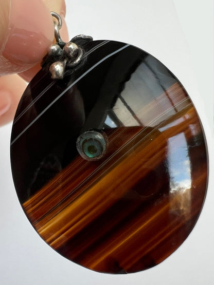 Arts & Crafts Banded Agate Silver Pendant Necklace
