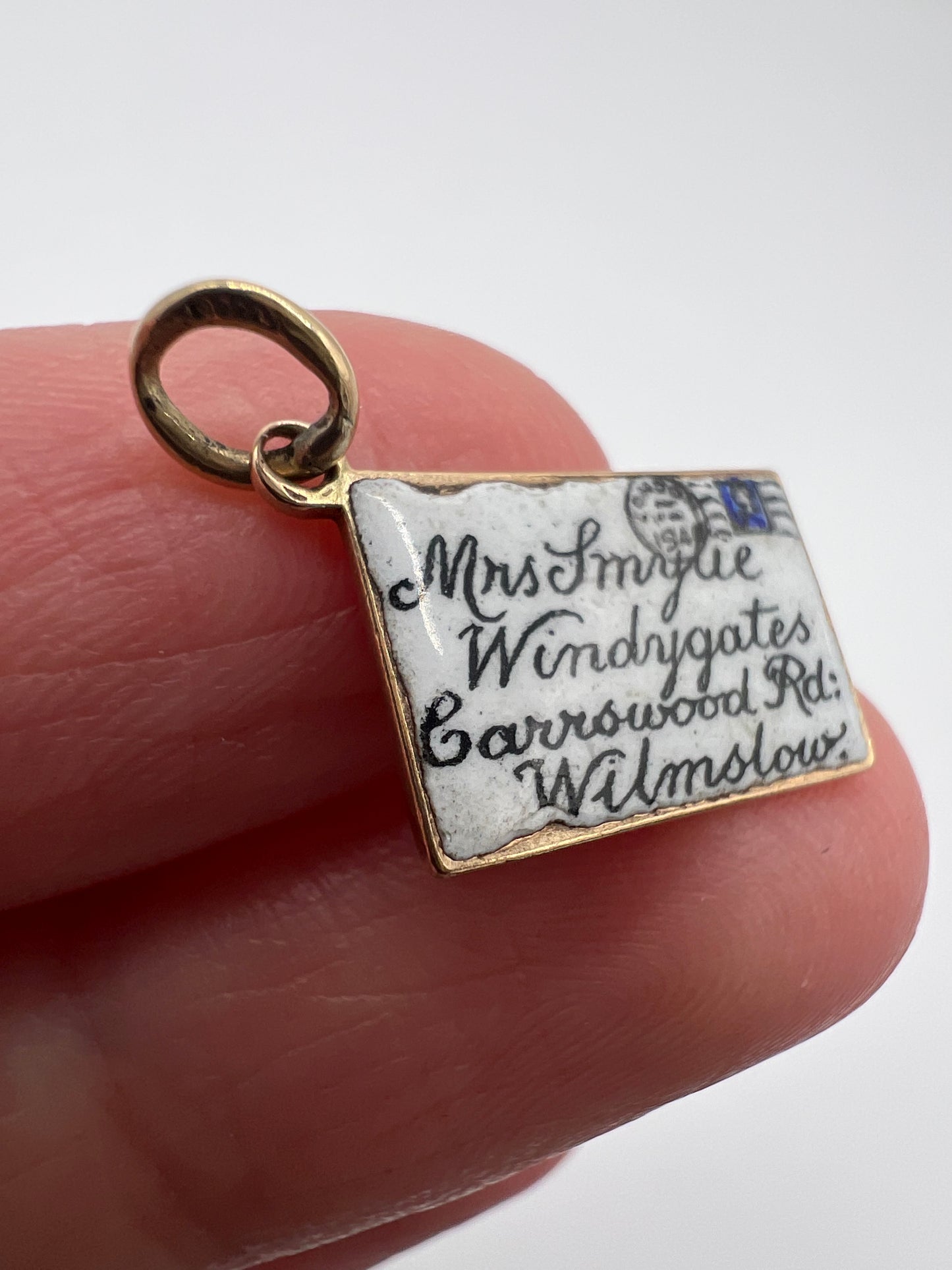 Mrs Smylie Enamel Gold Postcard Charm Pendant Wilmslow and philately Interest
