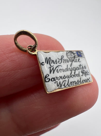 Mrs Smylie Enamel Gold Postcard Charm Pendant Wilmslow and philately Interest