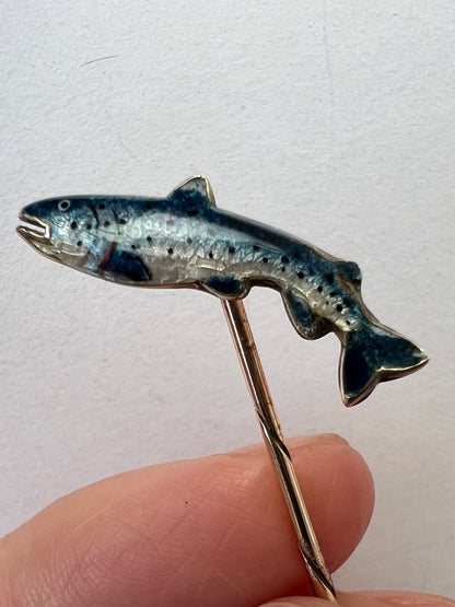 Alabaster & Wilson Fly Fishing Interest Trout or Salmon Gold & Enamel Fish Stick or Stock Pin