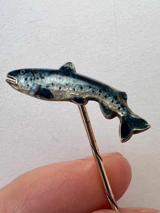 Alabaster & Wilson Fly Fishing Interest Trout or Salmon Gold & Enamel Fish Stick or Stock Pin