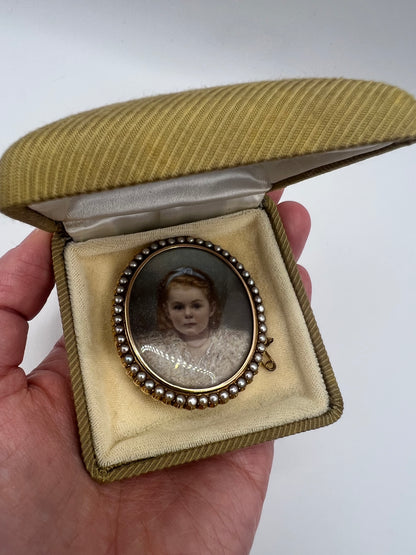 Oval Portrait Miniature Brooch Of Pretty Girl in Gold And Pearl Frame