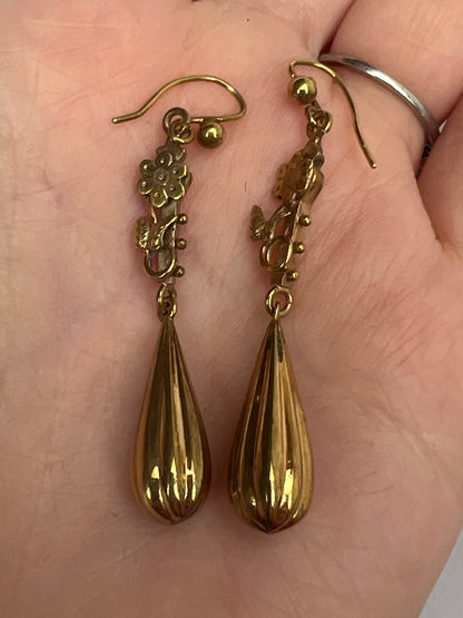 Victorian Torpedo and Flower Gold Drop Dangly Earrings