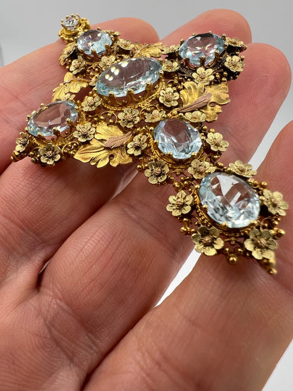 Outstanding William IV Aquamarine Gold Cross Brooch Pendant